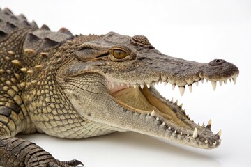 Fototapeta premium Close-Up of a Crocodile's Textured Skin and Menacing Features on White Background - Architectural Photography