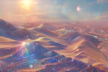 A Glittering Desert Landscape with a Sun-Kissed Sky