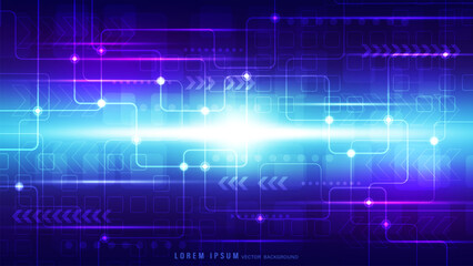 Abstract futuristic technology background with bright blue color, radiating light, glowing circuits, arrow patterns