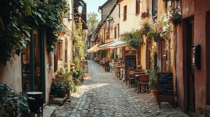 Fototapeta premium A historic European town with cobblestone streets and charming cafes. A traveler sips coffee while exploring quaint shops, surrounded by centuries-old architecture and beautiful scenery