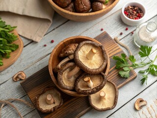 Fototapeta premium Dried Shiitake Mushrooms on Table - Aerial View for Vegetarian and Vegan Culinary Inspiration