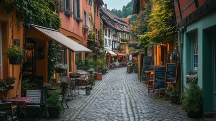 Fototapeta premium A historic European town with cobblestone streets and charming cafes. A traveler sips coffee while exploring quaint shops, surrounded by centuries-old architecture and beautiful scenery