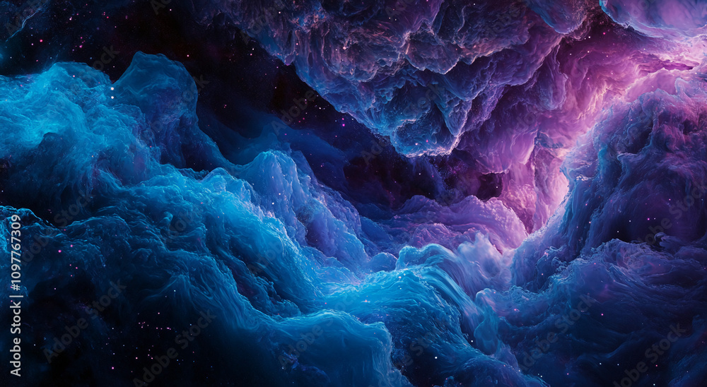 Poster Colorful cosmic clouds swirl through space with vibrant hues in a mesmerizing abstract view of the universe