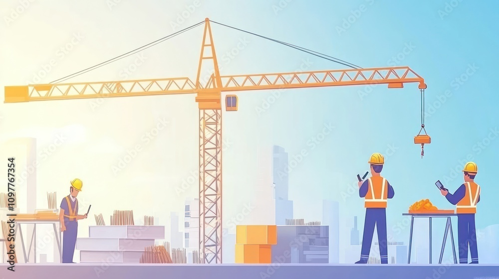 Poster construction workers using technology at a building site