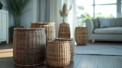 Various Wicker Baskets for Interior Decoration Stand on the":