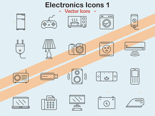 Icons representing various electronics and tech themes in vector style