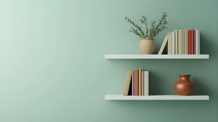 A clean, modern shelf displays a terra cotta vase and stacked cream-colored books against a soft mint green wall