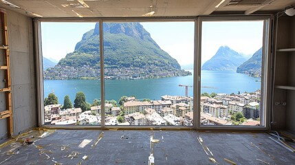 Fototapeta premium Stunning Lake Mountain View from Modern Apartment Under Construction