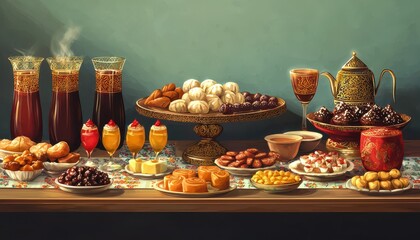 A vibrant array of traditional dishes and beverages displayed on a table, featuring sweets, pastries, and drinks in an inviting setting.