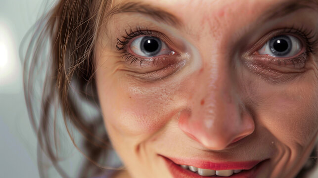 Woman smiling with dilated pupils, under the influence of drug.