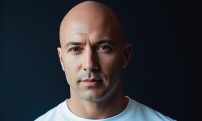 Portrait of a bald man in a white shirt against dark background