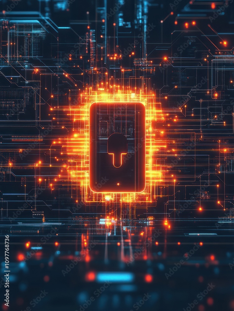 Poster abstract dark wallpaper with perspective view on glowing digital lock sign and circuit scheme. 3d re