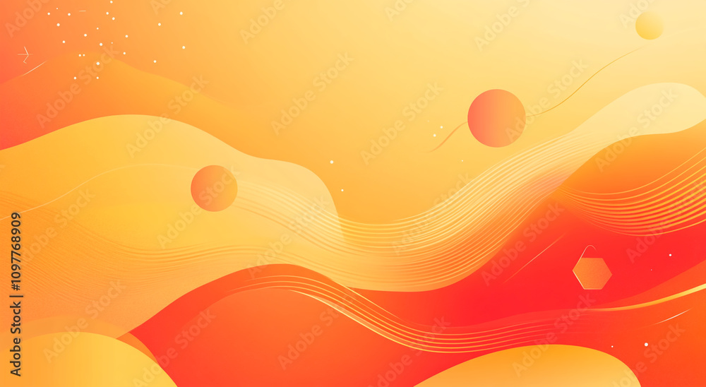 Poster Vibrant abstract design featuring swirling orange and yellow patterns with floating spheres in a dynamic composition
