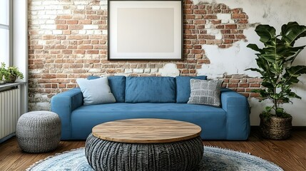 A stylish, modern living room featuring a deep blue sofa, a wooden coffee table, and exposed brick walls