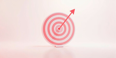 Red and white circle target and arrow pointing up, blank clean background on the side. Suitable for business banner, target achievement page, etc.