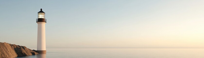 A serene coastline scene featuring a tall lighthouse standing by calm waters under a pale sky, evoking tranquility and guidance.