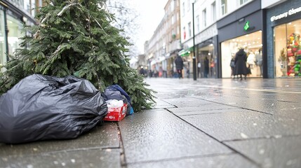 Obraz premium Discarded Christmas Tree Homeless Belongings City Street Winter