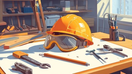 Fototapeta premium Workshop Illustration: Safety Gear and Tools on a Workbench