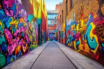 Vibrant urban alley adorned with colorful murals, street art, and spray cans - graffiti inspiration.