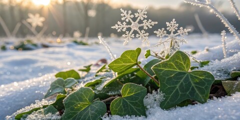 Enchanted Winter Landscape with Snowflakes on Leaves - Nature's Intricate Beauty Showcased in a High Depth of Field Scene