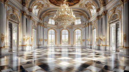 Fototapeta premium Luxurious Ballroom Interior with Elegant Chandelier, Polished Marble Floor, and Ornate Architectural Details - Digital Painting