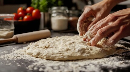 Fototapeta premium Hands kneading and stretching pizza dough on floured surface in close-up food photography.