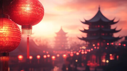 Fototapeta premium Red Chinese New Year background with lanterns on the edges and corners, blur chinese temple behind it. Copy space background