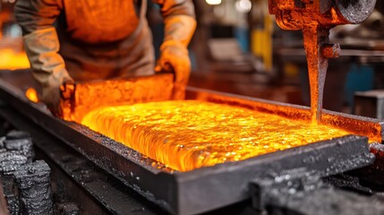 A steel factory with large furnaces glowing orange and molten metal flowing into molds. Workers in protective gear manage intense heat and heavy machinery