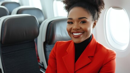 Flight Attendant Smiling and Demonstrating Safety Procedures