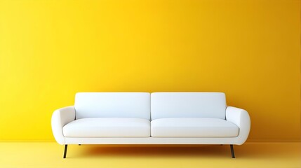 A stylish, bright living room featuring a plush yellow sofa, a cream knit ottoman, and a warm beige color palette