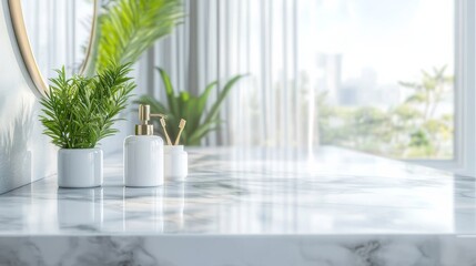 Fototapeta premium Pristine White Bathroom Interior with Marble Vanity and Blurred Background - Minimalist Home Design, AI-Generated Digital Art.
