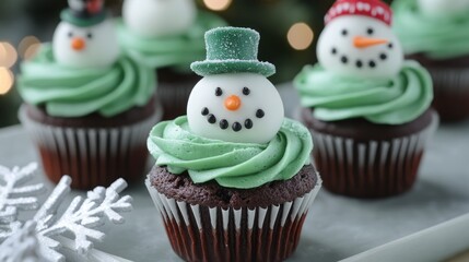 Chocolate cupcakes with green buttercream and a snowman design.