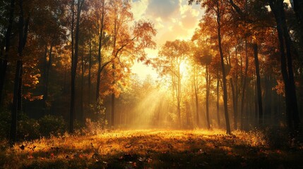 Obraz premium Golden Autumn Forest Sunrise Peaceful Nature Scene Sun Rays Fall Foliage
