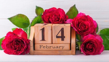 Celebrate Valentine’s Day with Romantic Red Roses and Wooden Calendar Blocks Featuring February 14. Perfect Decoration Idea or Gift Concept for Love and Special Occasions