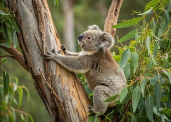 Naklejka premium Koala Bear Climbing on Tree in Natural Habitat - Candid Photography of Wildlife, Australian Fauna, Endangered Species, Nature Conservation, Cute Animal Moments, Tree Climbing Behavior