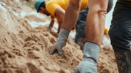 Community gathering helping build temporary flood defenses outdoors action