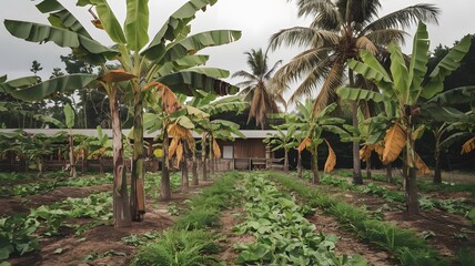 Fototapeta premium A small house is surrounded by banana trees and gardens