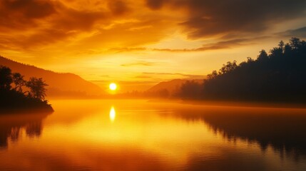 Naklejka premium Golden Hour Sunrise over Calm River Misty Morning Landscape