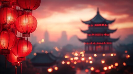 Red Chinese New Year background with lanterns on the edges and corners, blur chinese temple behind it. Copy space background