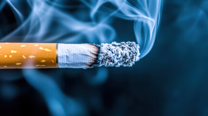 close up of lit cigarette with smoke swirling around, showcasing ash and glowing tip. image captures essence of smoking culture and its visual impact