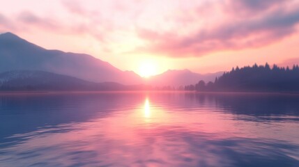 Serene Sunset Over Mountain Lake Reflecting Colors