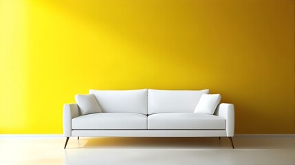 A stylish, bright living room featuring a plush yellow sofa, a cream knit ottoman, and a warm beige color palette