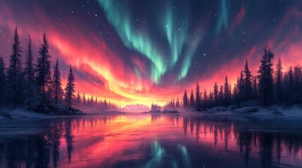 Aurora borealis dancing in the sky, creating a magical display over a snowy forest.