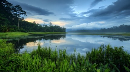 Fototapeta premium Serene lake reflecting dramatic sunset sky, lush green foreground.