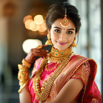Beautiful indian woman wearing traditional saree and gold jwellery