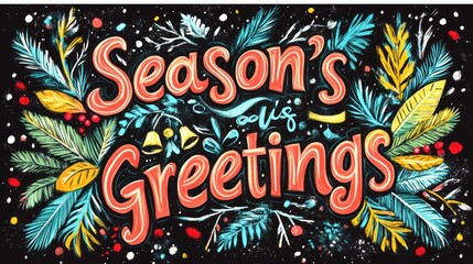 Bold holiday typography wall hanging with the phrase "Seasona??s Greetings" in festive colors