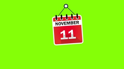 November 11 Calendar Sign on green screen background, chroma key. Calendar Pendulu Animation - November 11. 4k graphic motion