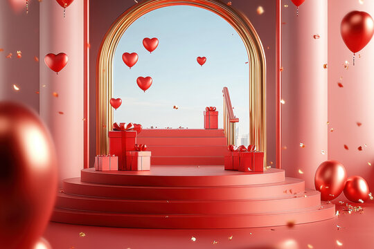 3D rendering of a podium scene with floating red 3d hearts, balloons and gift boxes, in a red color scheme