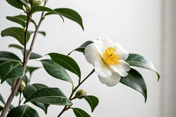 Fototapeta premium Minimalist Flower Photography: A Stunning Bloom with Yellow Center and Lush Green Leaves in a Simple, Elegant Composition