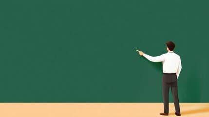 A man in a white shirt gestures towards a blank green wall, suggesting a presentation or discussion in a professional setting.